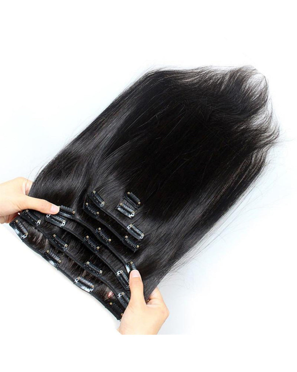 Dream Lux Clip-In Extensions – mörk/svart nyansfamilj, clips synliga (leverantörsbild)
